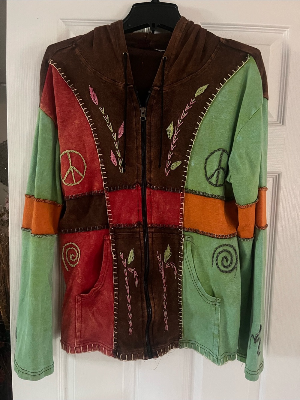 Multicolor Bohemian Patchwork Zip Hoodie Jacket - Green, Brown, Red, Orange
